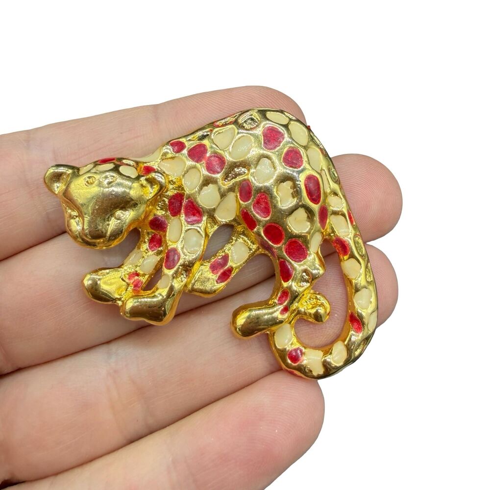 Vintage Jewelry Red Spotted Leopard Brooch Cheetah Pin